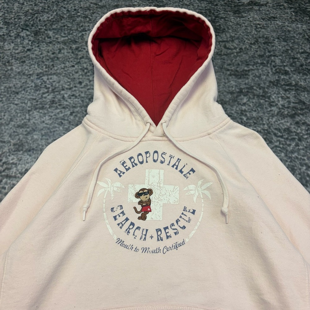 Aeropostale Search & Rescue Hoodie Size Medium Pink Monkey Preppy Surf Y2K